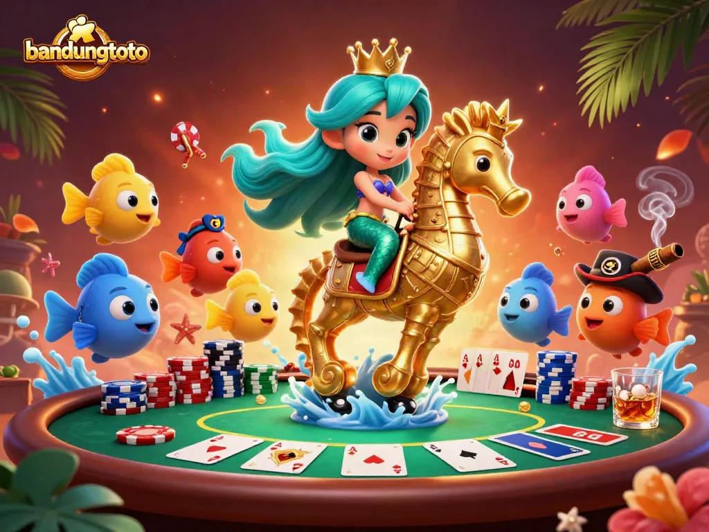 Experience excitement with bandungtoto's vibrant 3D cartoon casino scene featuring a mermaid and poker elements.