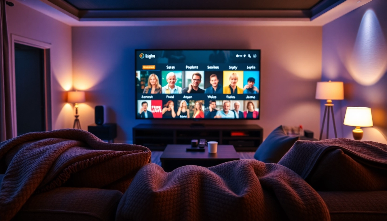 Watch TV series free on a cozy home theater with snacks and inviting ambiance.
