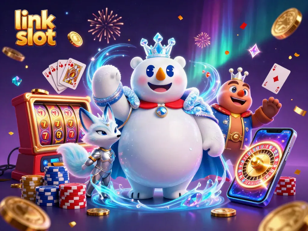 Experience the excitement of link slot as a cartoon polar bear king leverages jackpot power with casino elements.