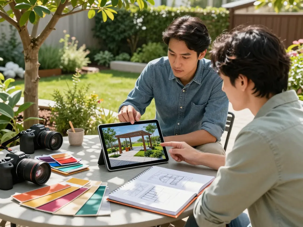Configurador de pérgolas 3D presentado en un vibrante diseño de jardín en reunión con cliente y diseñador.