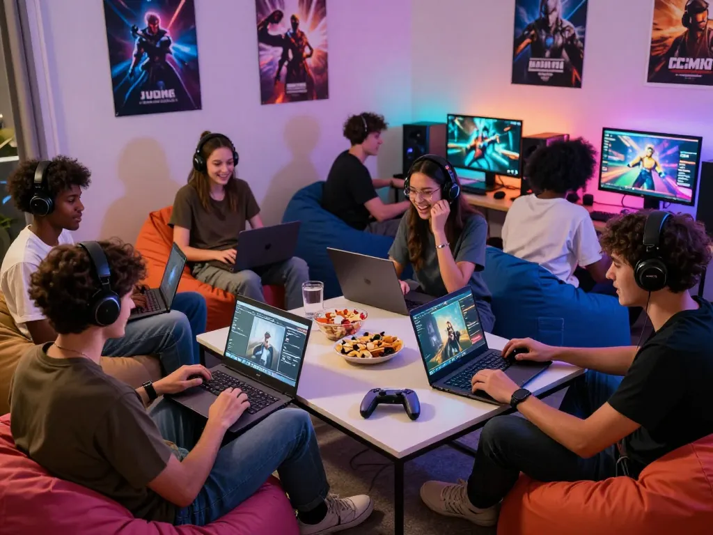 Friends playing games online at ligasedayu.com in a vibrant room filled with tech and snacks.