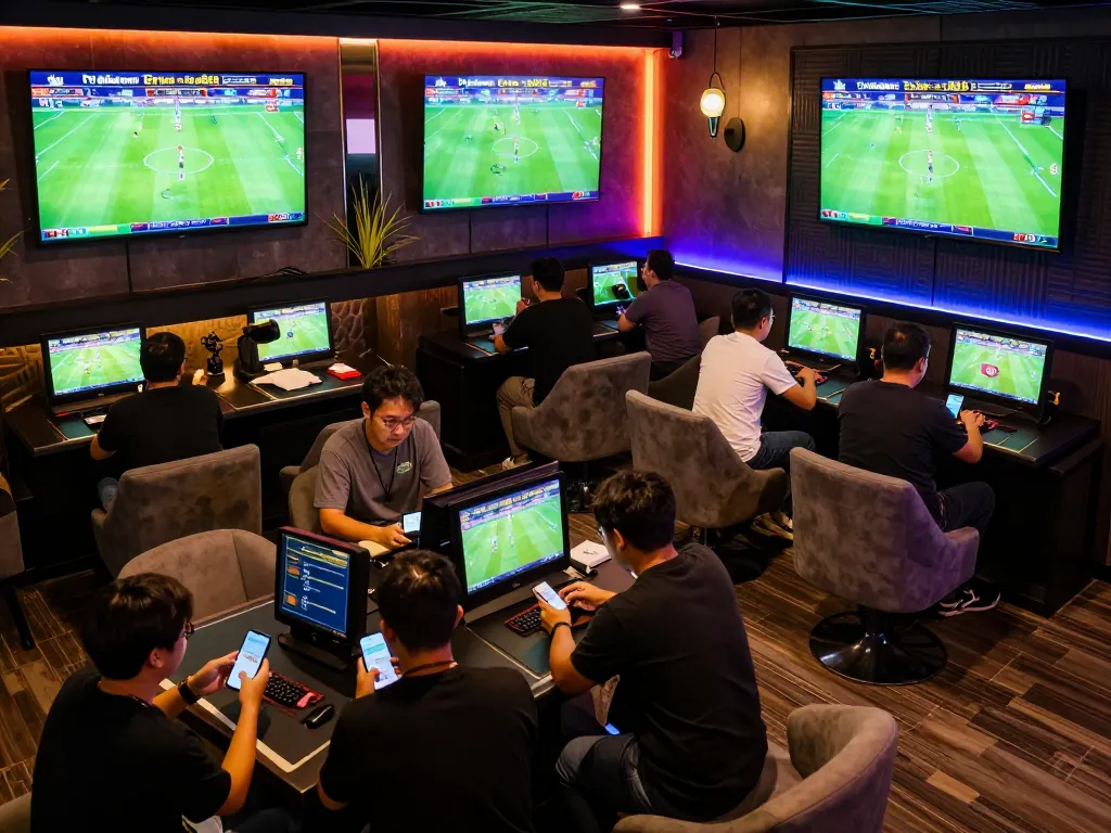 Excited bettors engaging with sports betting at tylekeonhacai88, showcasing vibrant atmosphere and technology integration.