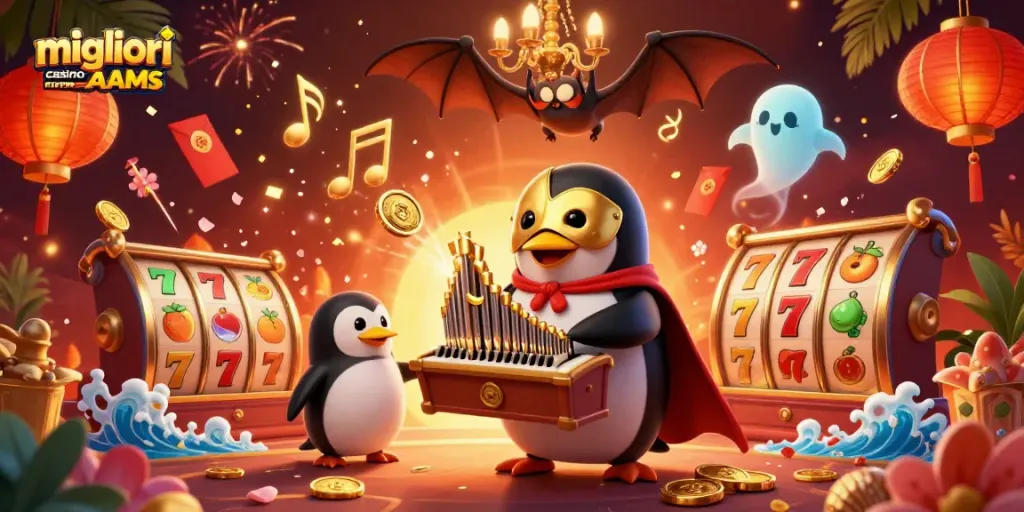I migliori casino non AAMS presentano un'illustrazione 3D ricca di dettagli e colori vivaci con un pinguino fantasma organizzando vincite.
