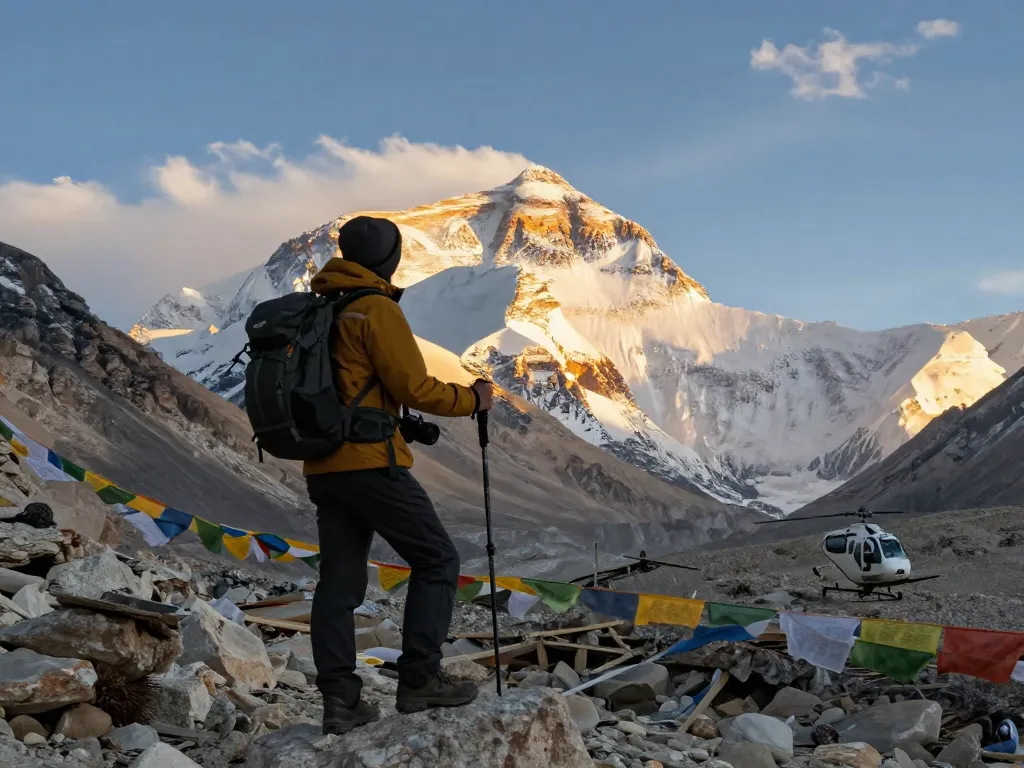 Person at Everest Base Camp Trek with Helicopter Return, mountain backdrop and vibrant sunrise.