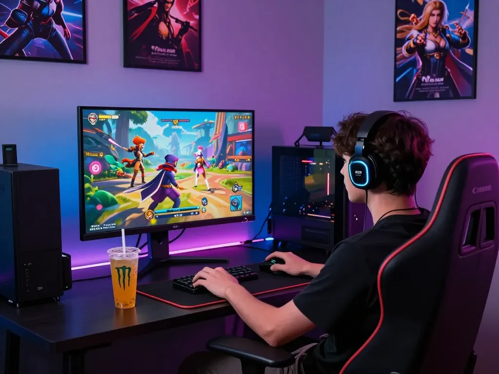 Engaging scene of a person immersed in a porn game online, showcasing vibrant graphics and gaming accessories in an inviting room.