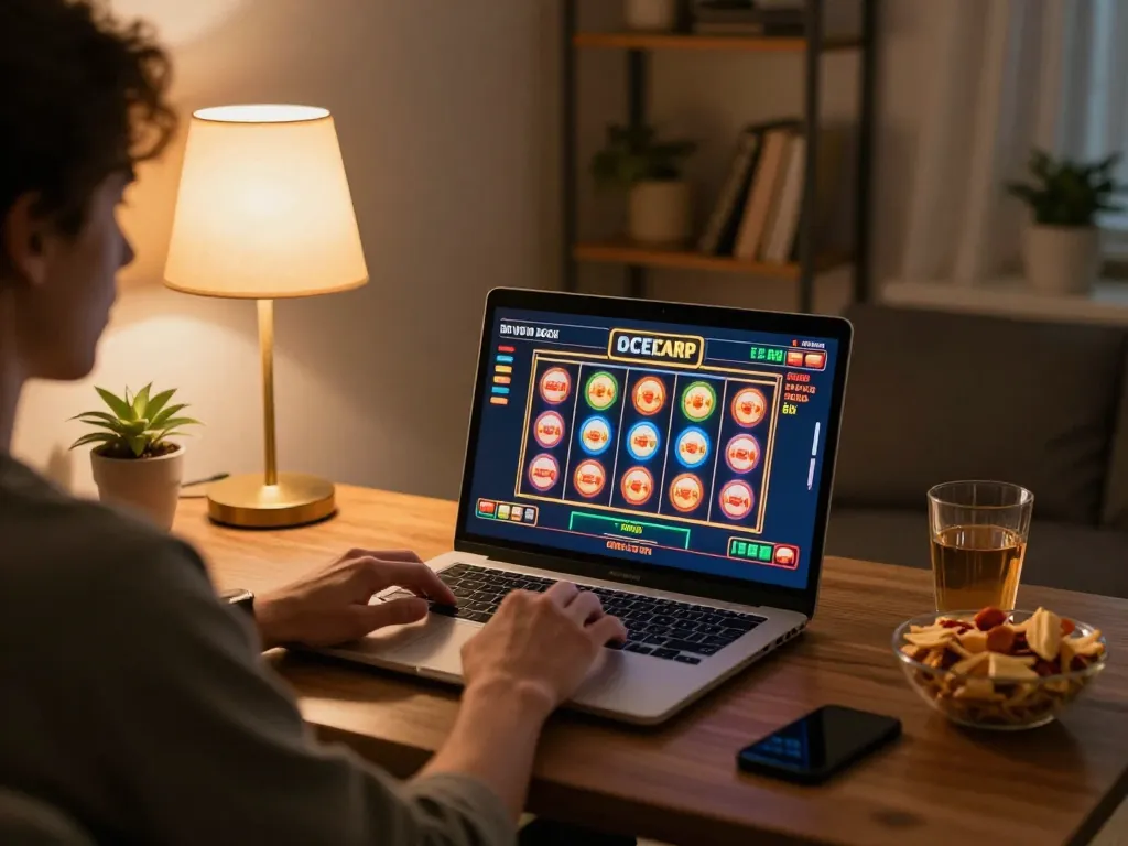 Engaging in online slots gameplay at https://m-100cuci.net/ from a cozy home setup with snacks and warm lighting