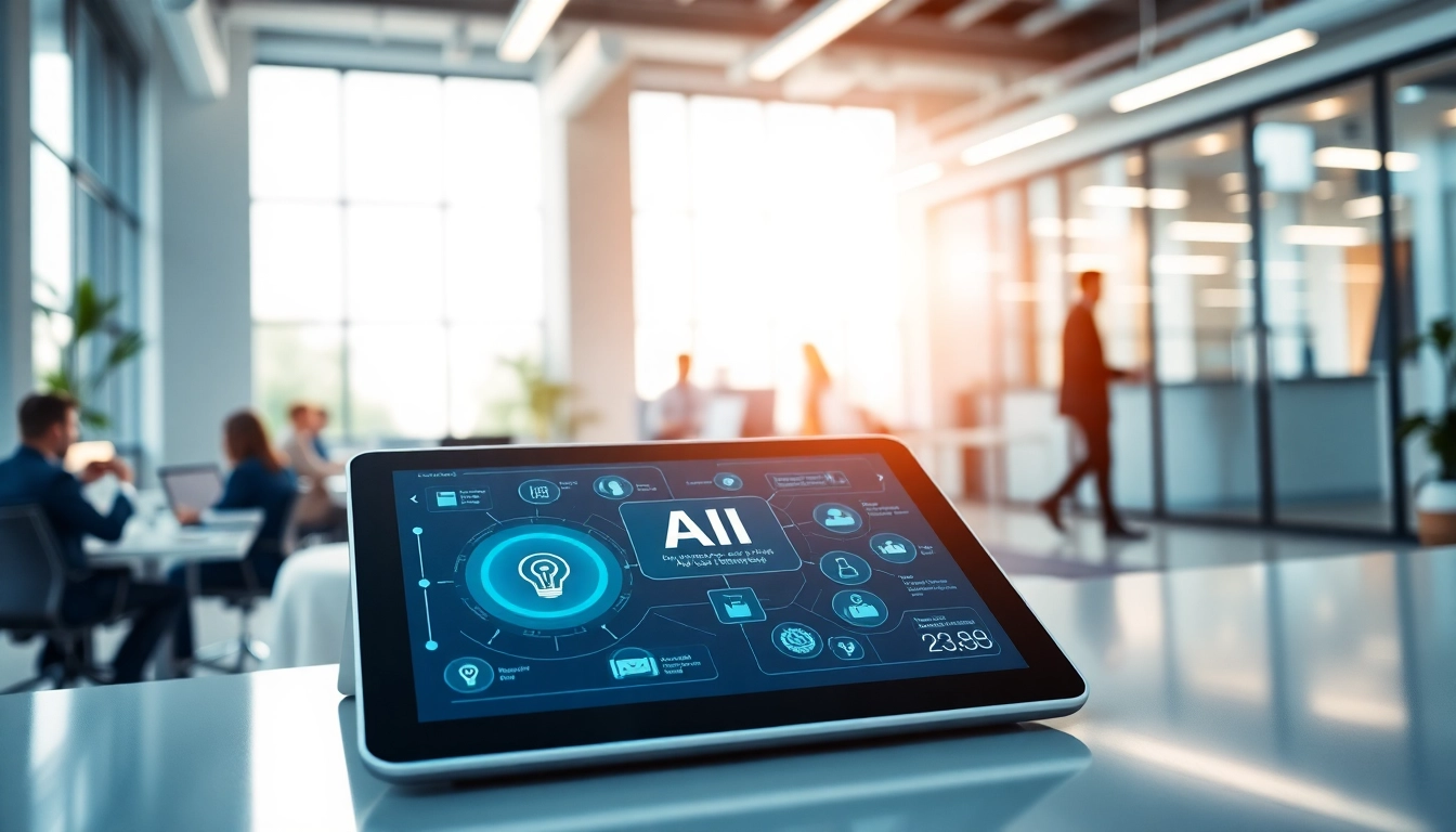 Showcase of an enterprise ai assistant in a modern office, highlighting collaboration and technology.