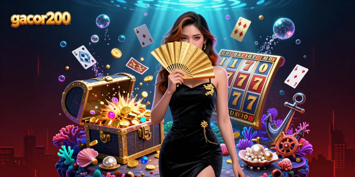Engaging gacor200 scene with a glamorous woman and dynamic slot game elements.
