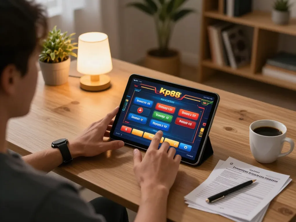 Engaging online gaming experience with kp88 on tablet in a cozy living room setting