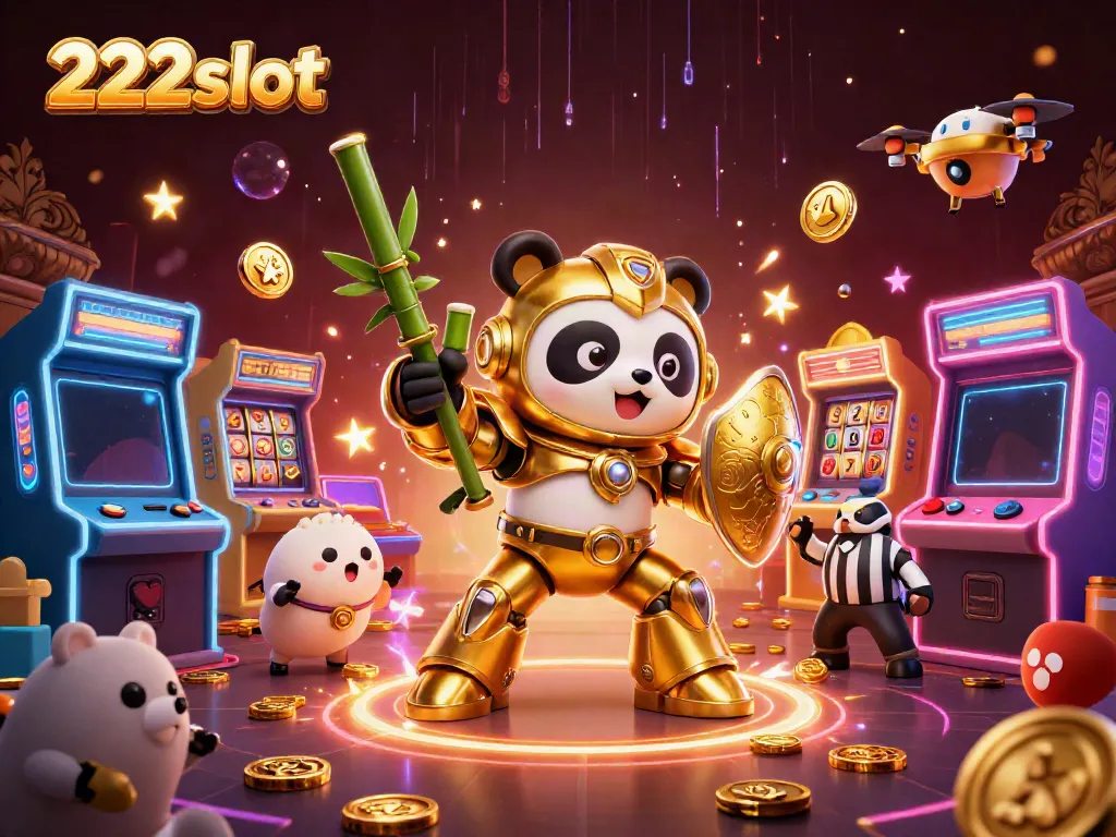 Menangkan permainan slot dengan 222slot, robot panda emas menyerang di arena perjudian.