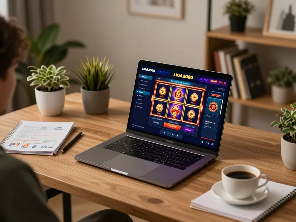 LIGA2000 online casino gaming setup with laptop displaying vibrant slots and strategic notes