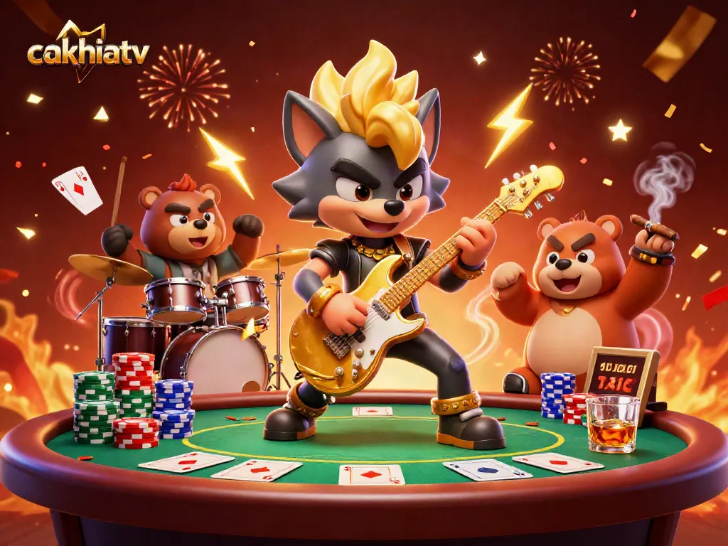 Cakhiatv captivates with a vibrant 3D scene featuring a rock star wolf and playful bear in a lively casino setting.