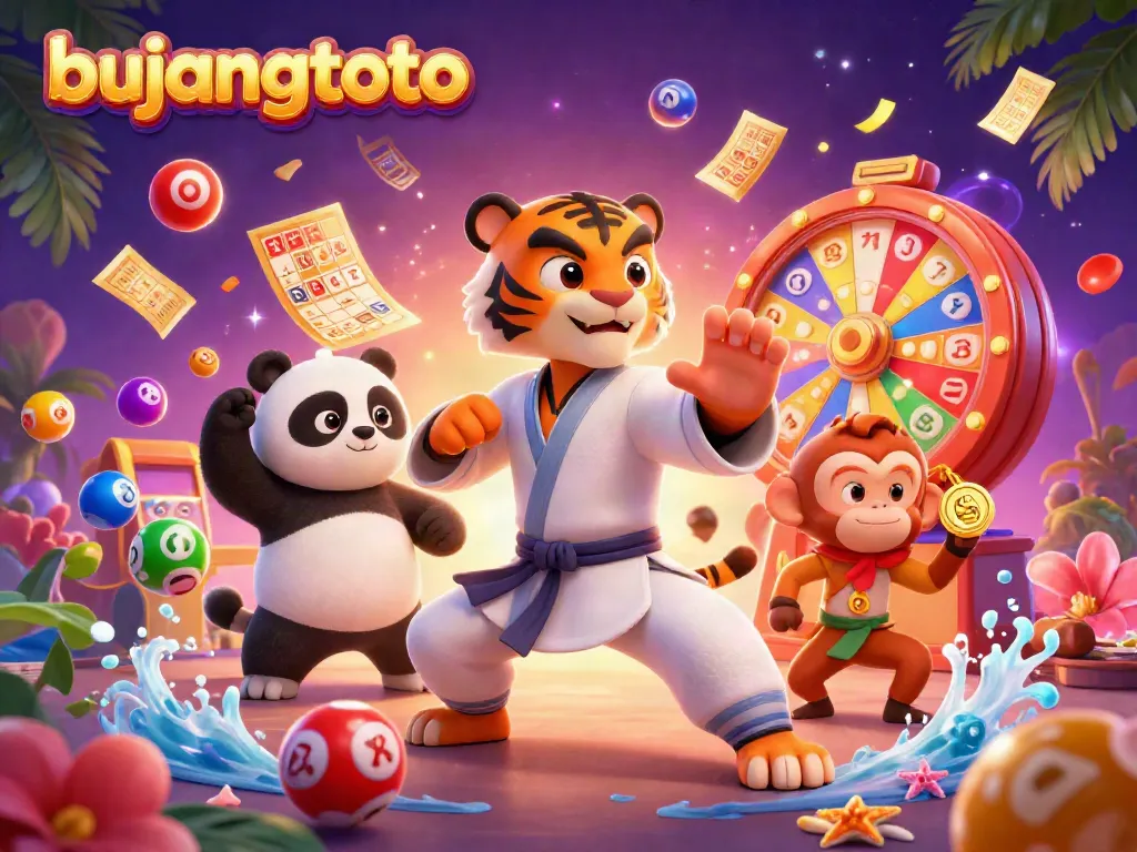 Bujangtoto animated scene with a kung fu tiger, panda disciple, and monkey stealing a medal among colorful lottery elements.