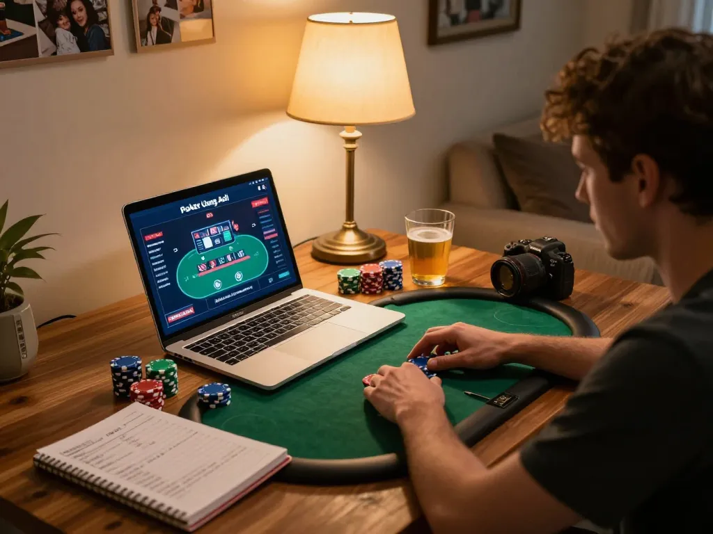Engaged player strategizing in an online Poker Uang Asli Dominobet session at home, focused on laptop.