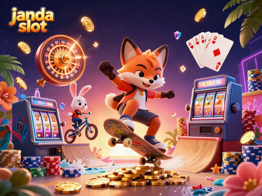 Visualisasi menarik dari slot yang menggambarkan karakter kartun beraksi di kasino.