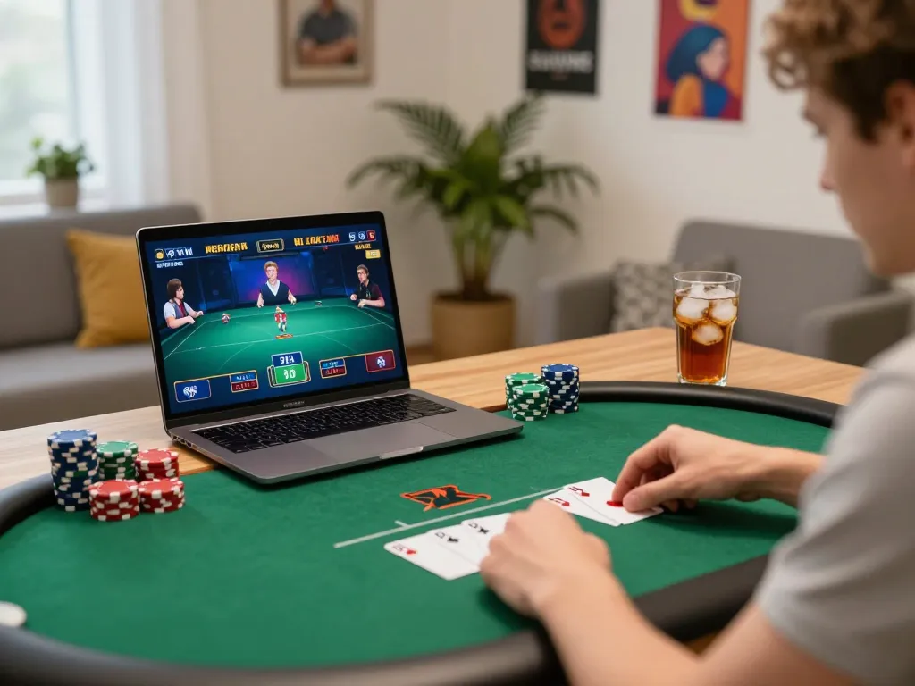 Players enjoying exciting poker action on their laptops with alo8's online gaming platform