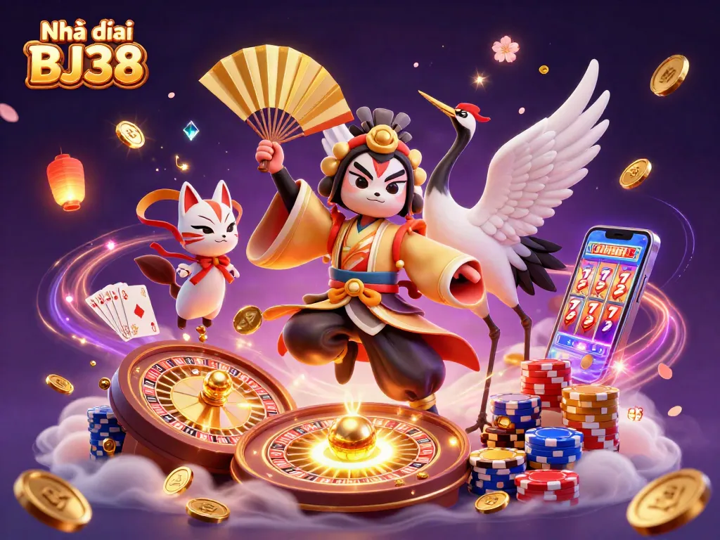 Engage with Nhà cái BJ38, showcasing vibrant casino elements, characters winning in a festive atmosphere.
