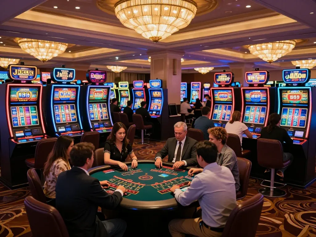 Engaged players enjoying JPTOTO games at a vibrant casino, colorful slot machines shining bright.