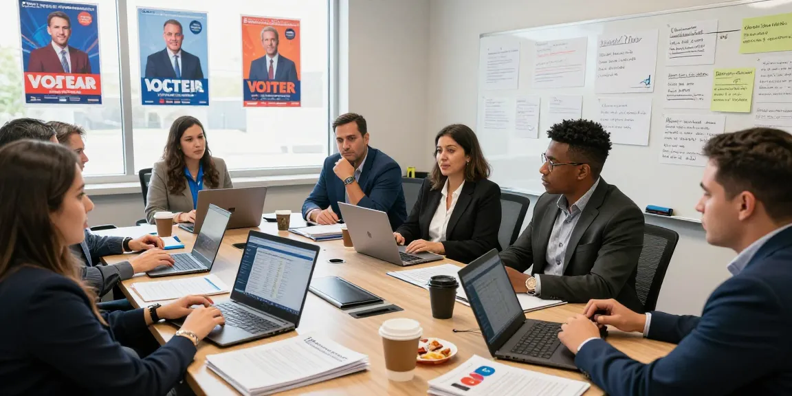 Political survey research meeting with diverse team analyzing voter data in campaign office.