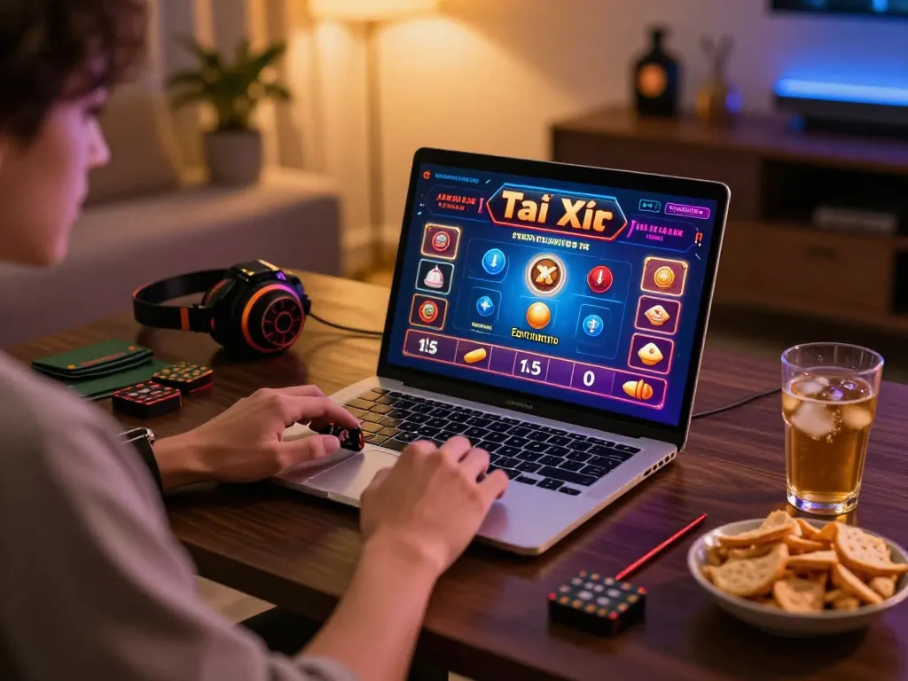 Tài xỉu online uy tín gaming setup with engaging player and colorful casino interface.