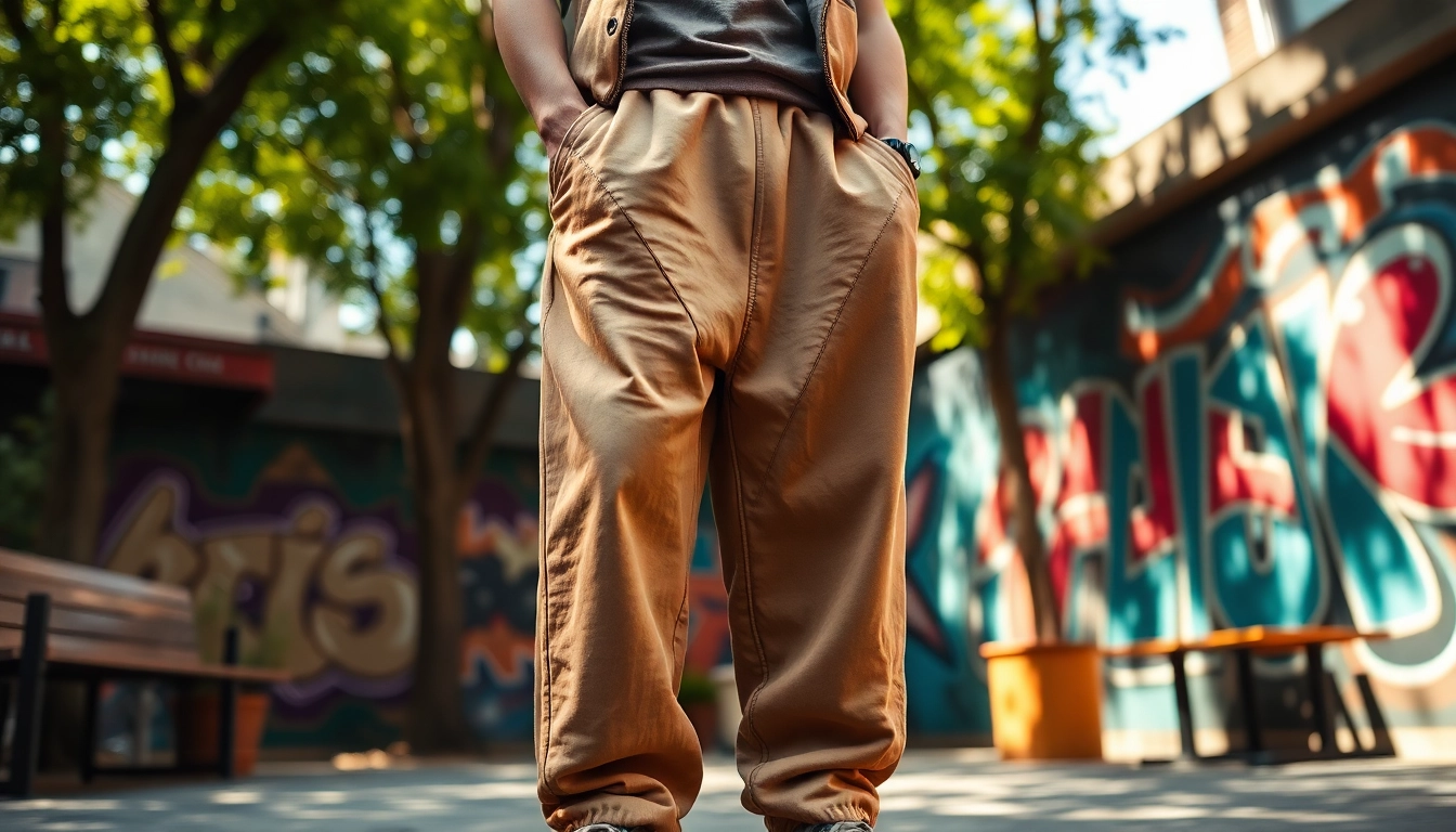 Person showcasing stylish baggy sweatpants in an urban setting with vibrant street art.