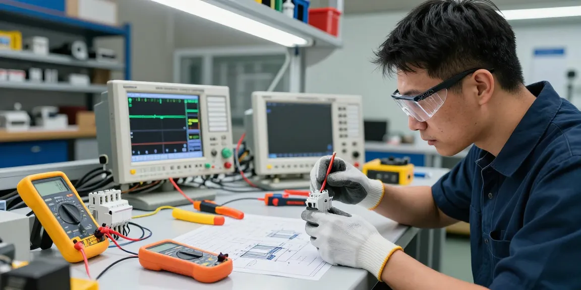 Engineers inspecting a miniature circuit breaker in a professional electrical workshop with tools and blueprints.