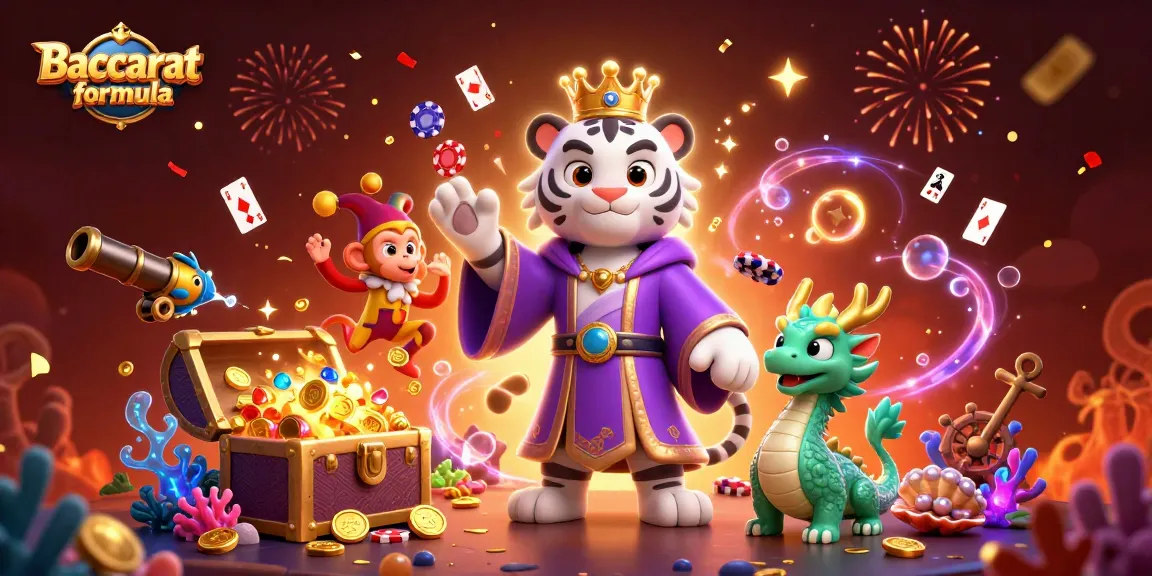 Engage with the Baccarat formula in an electrifying scene of casino characters and festive elements.