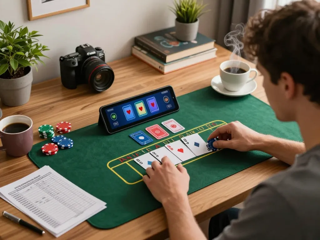 Engaging online blackjack at home showcasing lc88 strategy, cards on tablet, cozy atmosphere.