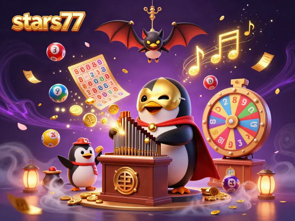 Pemain bintang berpartisipasi dalam permainan togel di stars77 dengan bola lotere berwarna-warni yang berputar.