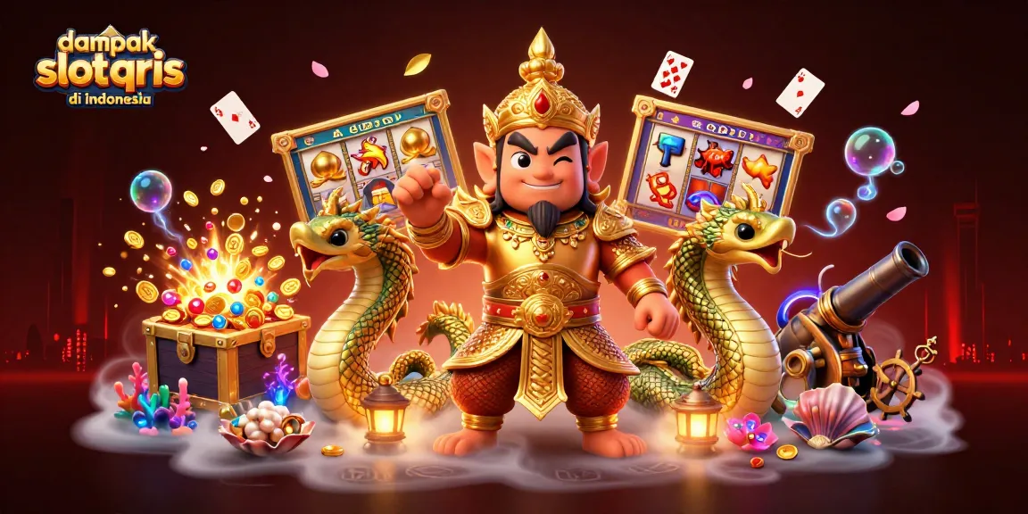 Dive into the dampak negatif slot qris di indonesia with this captivating 3D illustration featuring symbolic gaming elements and characters.