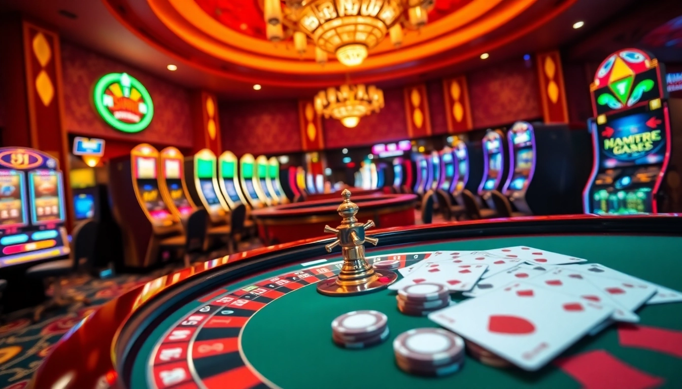 Experience thrilling gaming at https://j88.gives/, featuring vibrant casino tables and slot machines.