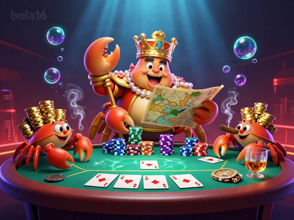 Experience thrilling poker action at bola16 with a majestic crab emperor overseeing vibrant chip stacks and dynamic gameplay.