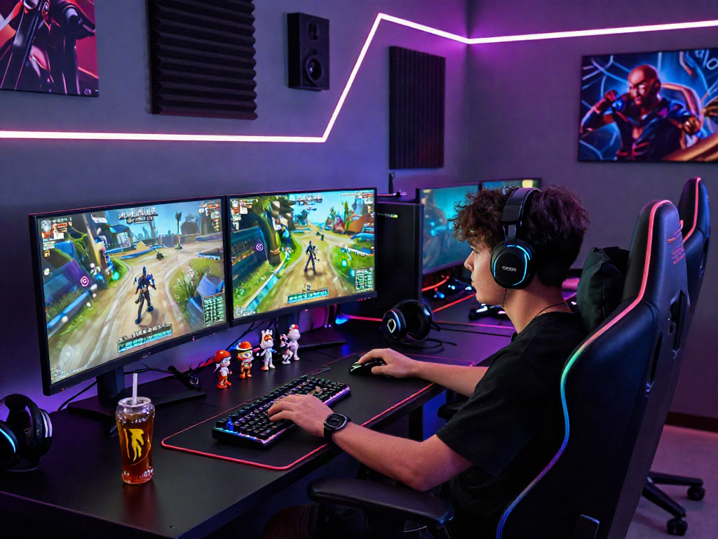 Pengalaman bermain game LUXURY111 dengan lingkungan berteknologi tinggi, menampilkan setup lengkap dengan aksesori gaming.