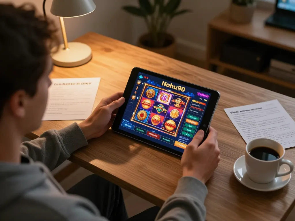 Nohu90 user engaging with online slot games on a tablet in a cozy home setting.