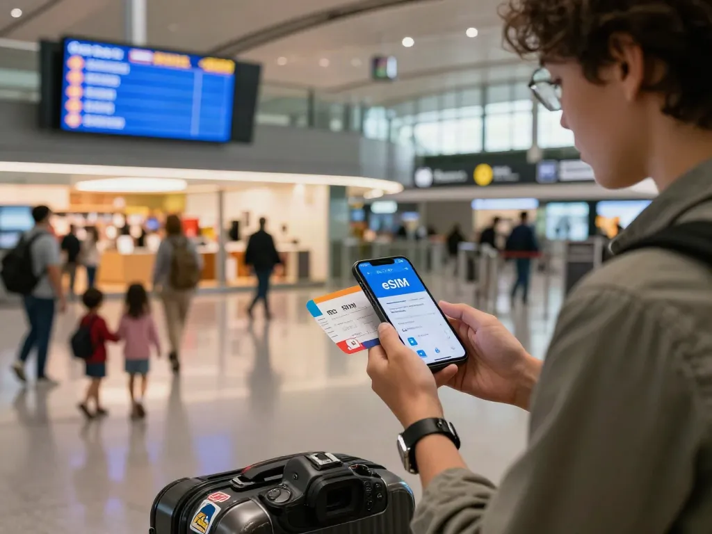 חווית נסיעה עם Esim לחו"ל בנתב"ג, נוסע בודק את שירותי ה-eSIM בטלפון.