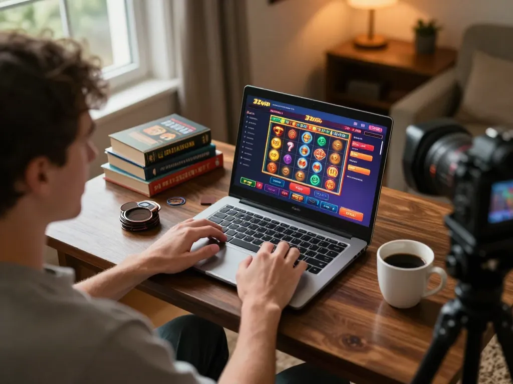 Player engaging with 32win online casino interface on laptop in a cozy home setting