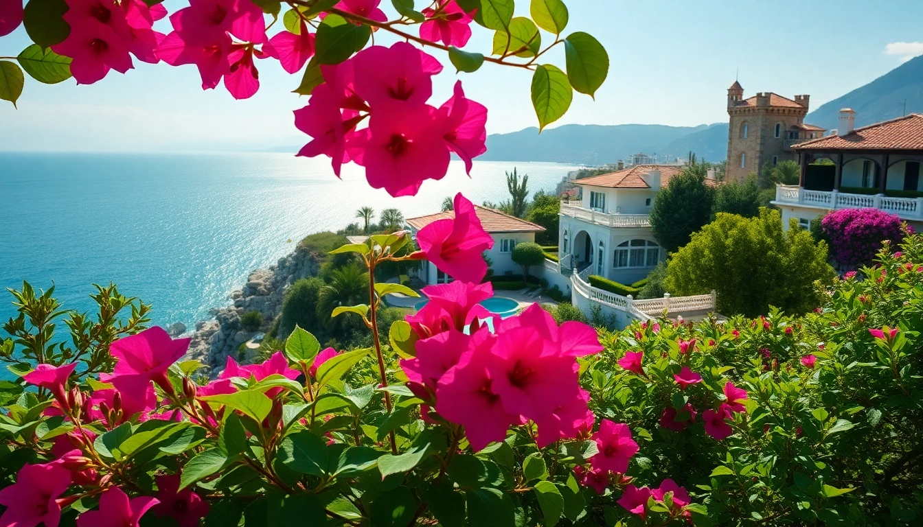 Showcasing property in turkey alanya with villas against a beautiful coastal background.