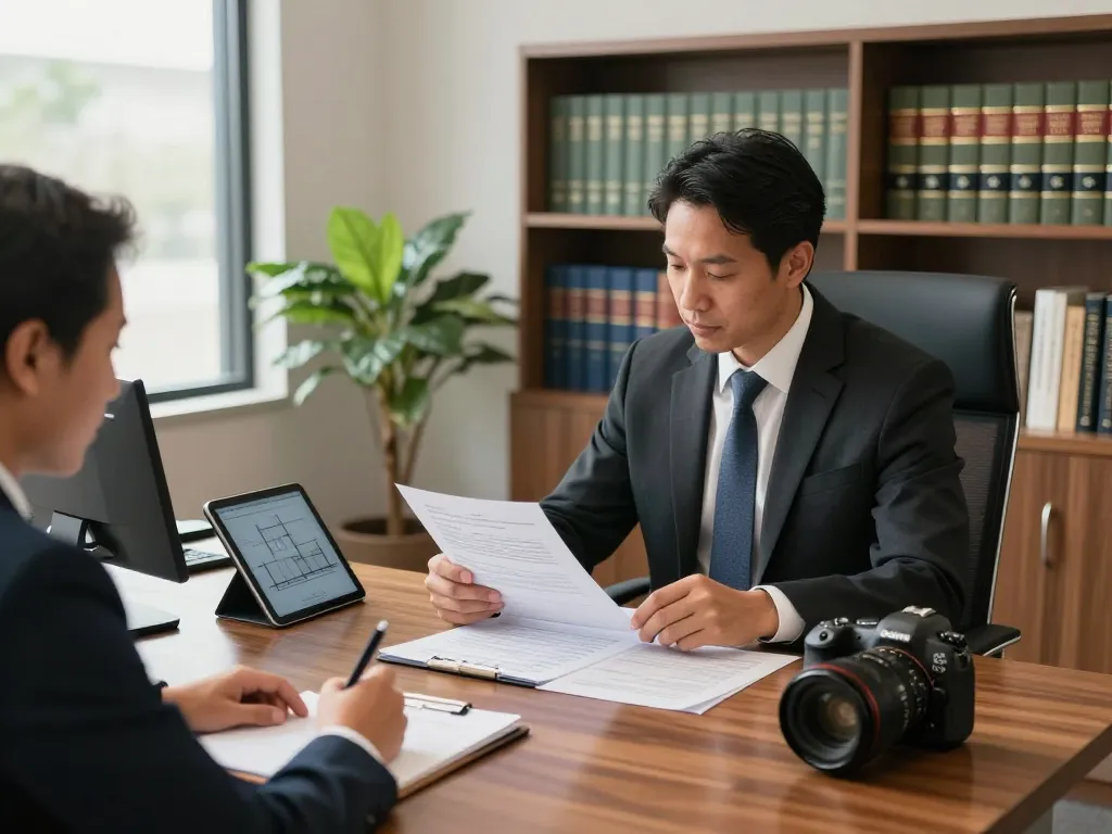 Boca Raton Construction Litigation Lawyer consulting with a contractor in a modern office setting.