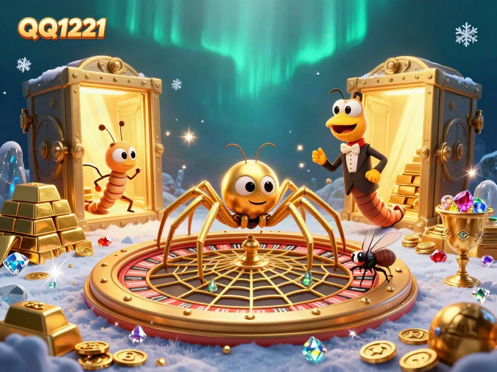 Engage with QQ1221 as a fly places bets amid a golden web and casino elements.