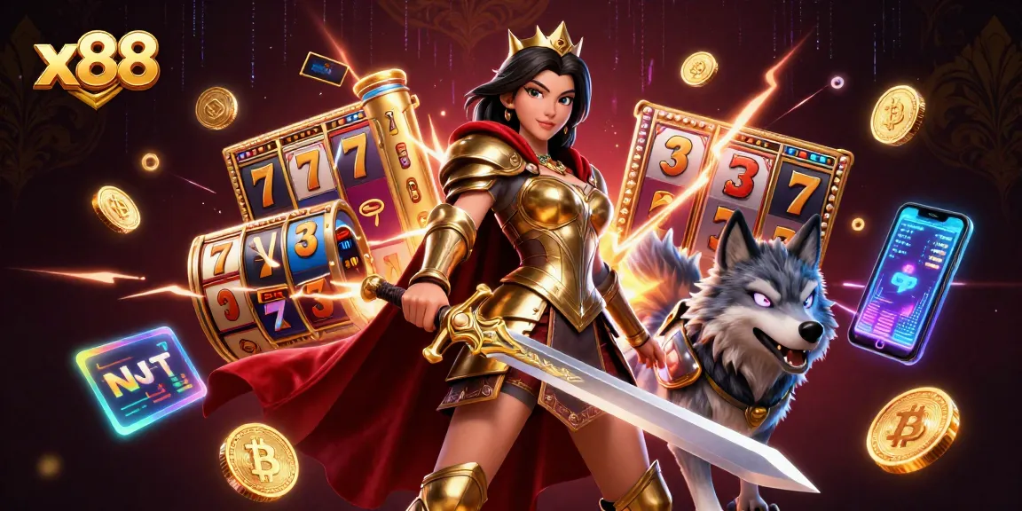 x88 stands out in a dynamic casino scene featuring a warrior queen and a glowing wolf, engaging in thrilling slot gaming.