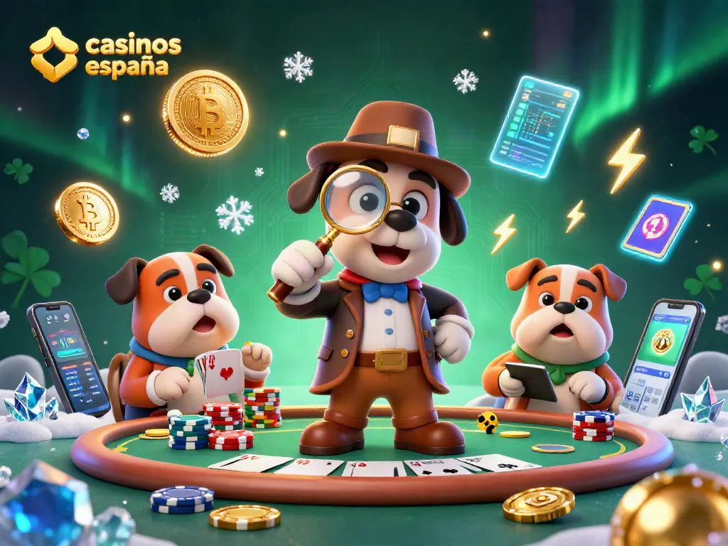 Analiza claves en casinos online España con un detective y un bulldog en un entorno de póker.