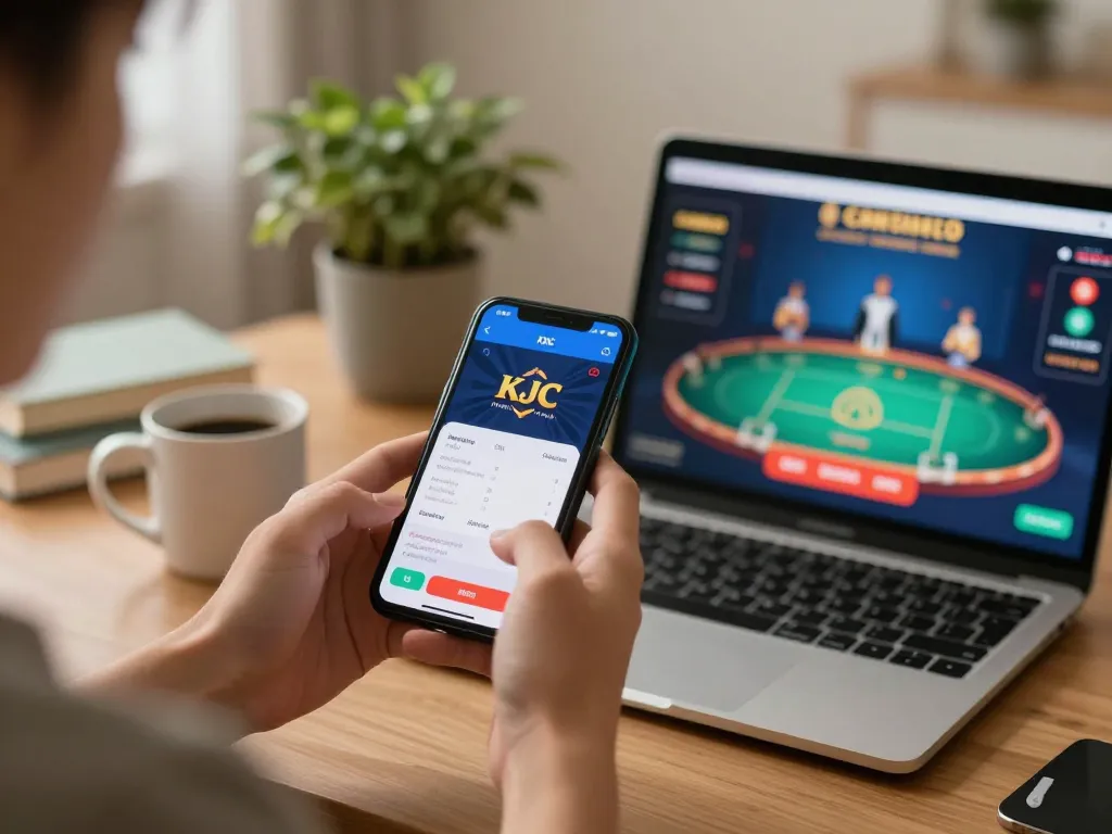 KJC app user engages with live betting interface on smartphone in cozy home setting