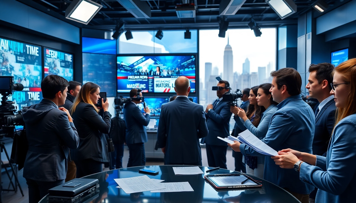 Journalists collaborating on breaking news stories in a vibrant newsroom.
