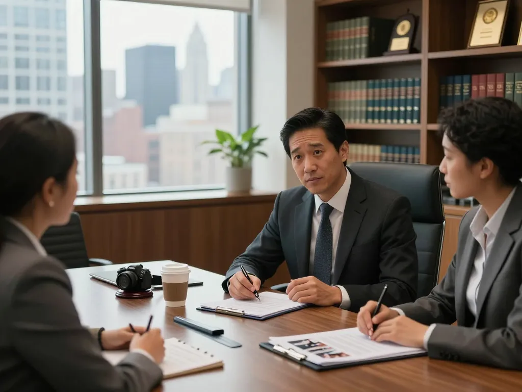 New York City Personal Injury Lawyer consulting a client in a modern law office, illustrating professionalism and accessibility.