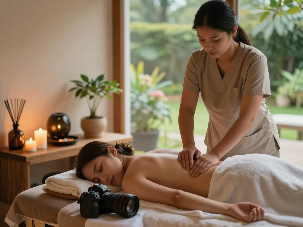 Relaxing 역삼동마사지 session in a tranquil spa environment with candles and natural decor.