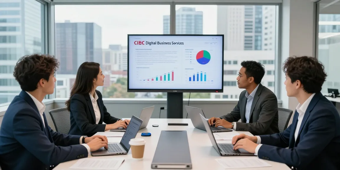 CIBC digital business team collaborating on banking strategies in a modern conference room.