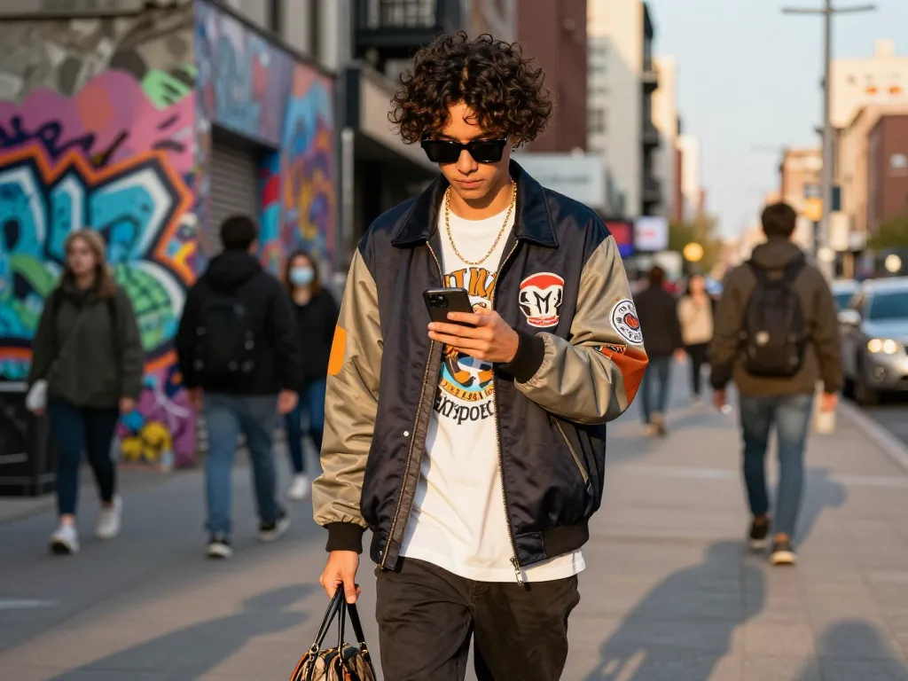 Urban fashionista showcasing high-quality 레플리카 clothing in lively city street.