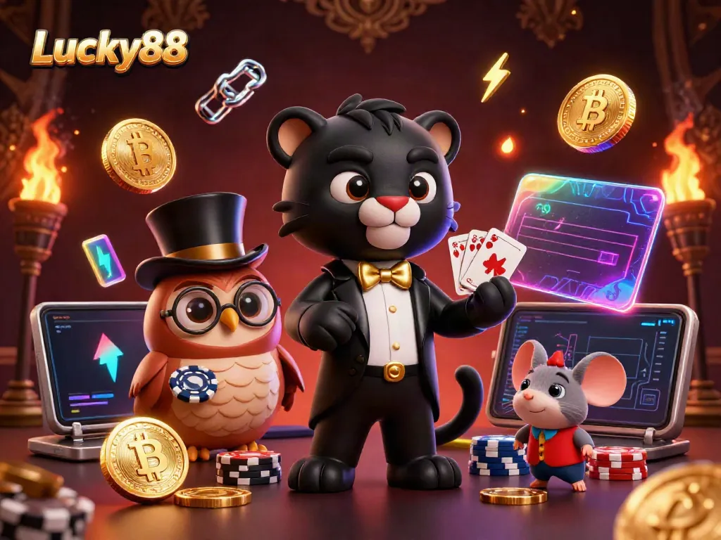 Engaging scene showcasing Lucky88's colorful casino atmosphere with characters dealing cards and holding poker chips.