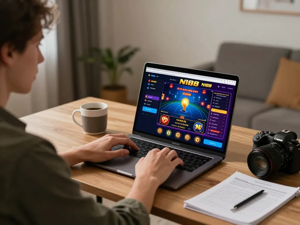 N188 casino gameplay displayed on a laptop in a stylish home setting, emphasizing strategic online gambling.