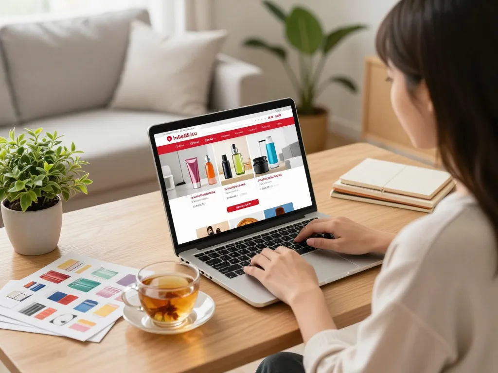 Engaging digital shopping on hubet88.icu with a woman browsing products at home.
